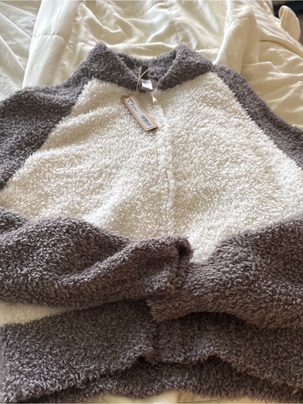 SKIMS Two-Tone Sherpa Zip Cardigan — Cream & Taupe